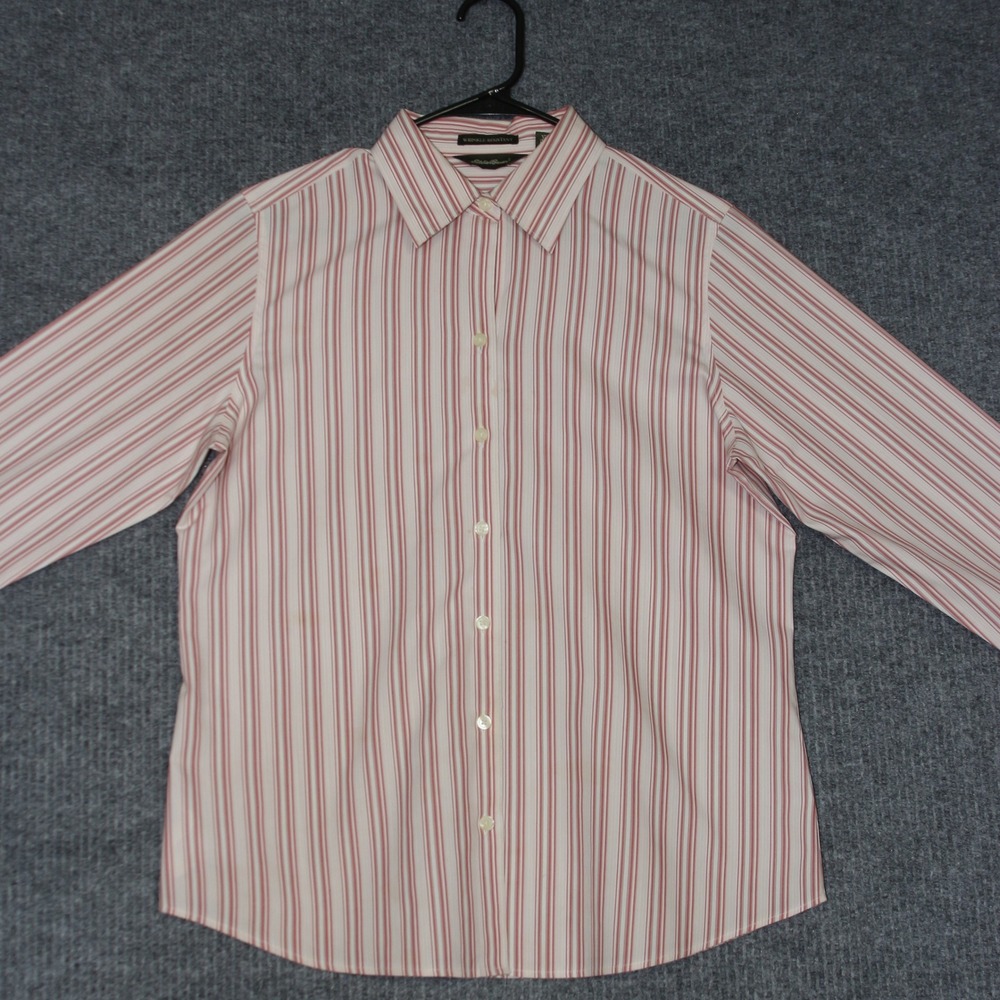 Eddie Bauer Womens Pink Stripe Wrinkle Resistant Button Up Shirt Size M Classic